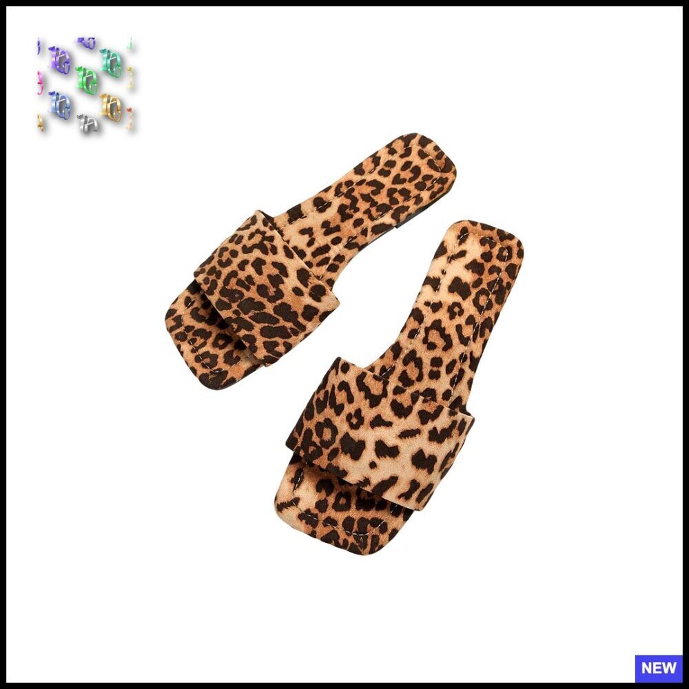 Leopard Print Flat Sandals Square Open Toe Slides Slip On Shoes Trendy Chic